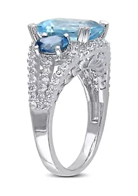 5 3/4 CT TGW Emerald Cut Sky Blue Topaz and Created White Sapphire 3-Stone Ring Sterling Silver
