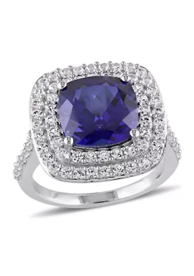 Lab Created 7 1/10 CT TGW Cushion Cut Blue and White Sapphire Double Halo Cocktail Ring Sterling Silver