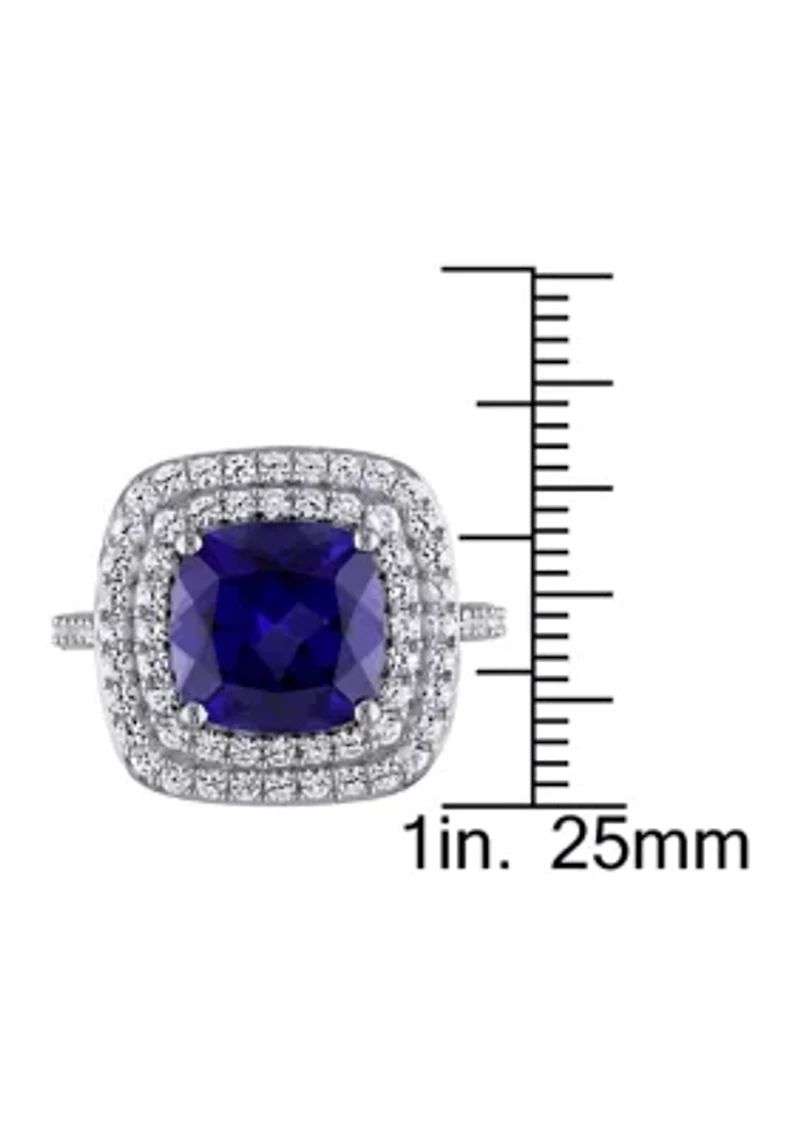 Lab Created 7 1/10 CT TGW Cushion Cut Blue and White Sapphire Double Halo Cocktail Ring Sterling Silver