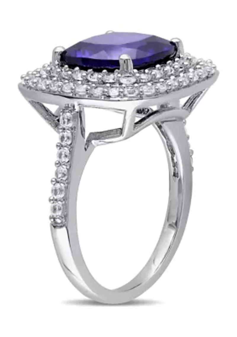 Lab Created 7 1/10 CT TGW Cushion Cut Blue and White Sapphire Double Halo Cocktail Ring Sterling Silver