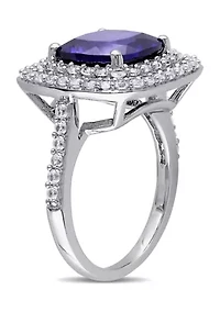 Lab Created 7 1/10 CT TGW Cushion Cut Blue and White Sapphire Double Halo Cocktail Ring Sterling Silver