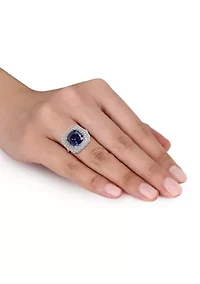 Lab Created 7 1/10 CT TGW Cushion Cut Blue and White Sapphire Double Halo Cocktail Ring Sterling Silver