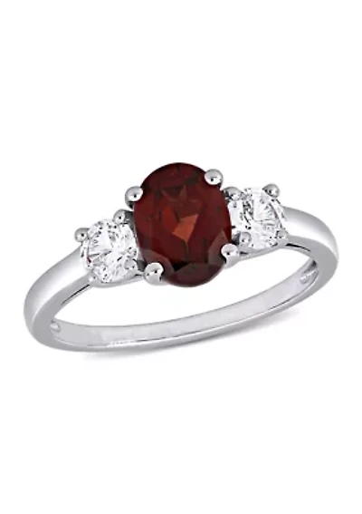 Oval Cut Garnet and Created White Sapphire 3-Stone Ring Sterling Silver