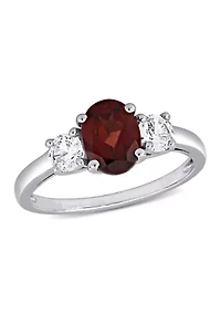 Oval Cut Garnet and Created White Sapphire 3-Stone Ring Sterling Silver