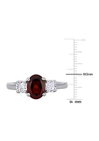 Oval Cut Garnet and Created White Sapphire 3-Stone Ring Sterling Silver