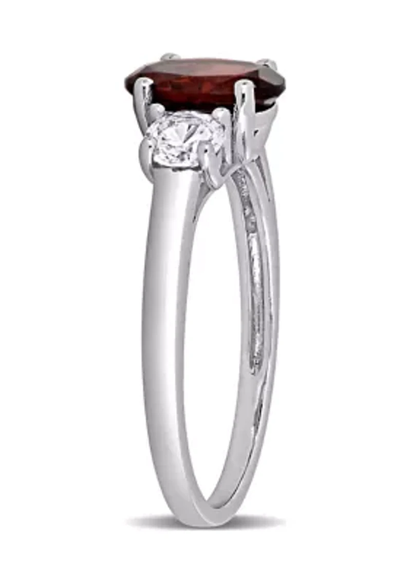 Oval Cut Garnet and Created White Sapphire 3-Stone Ring Sterling Silver