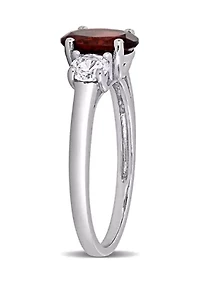 Oval Cut Garnet and Created White Sapphire 3-Stone Ring Sterling Silver