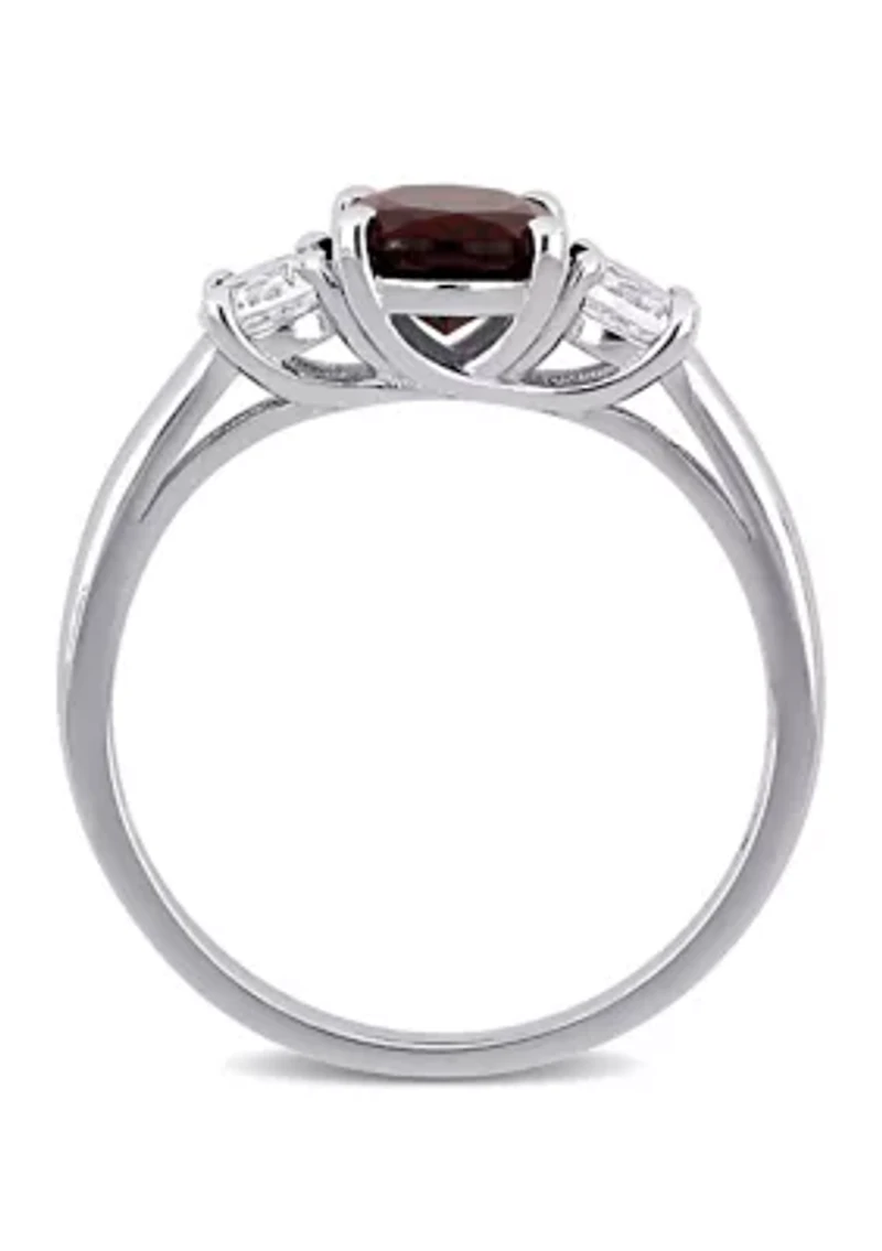 Oval Cut Garnet and Created White Sapphire 3-Stone Ring Sterling Silver