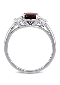 Oval Cut Garnet and Created White Sapphire 3-Stone Ring Sterling Silver