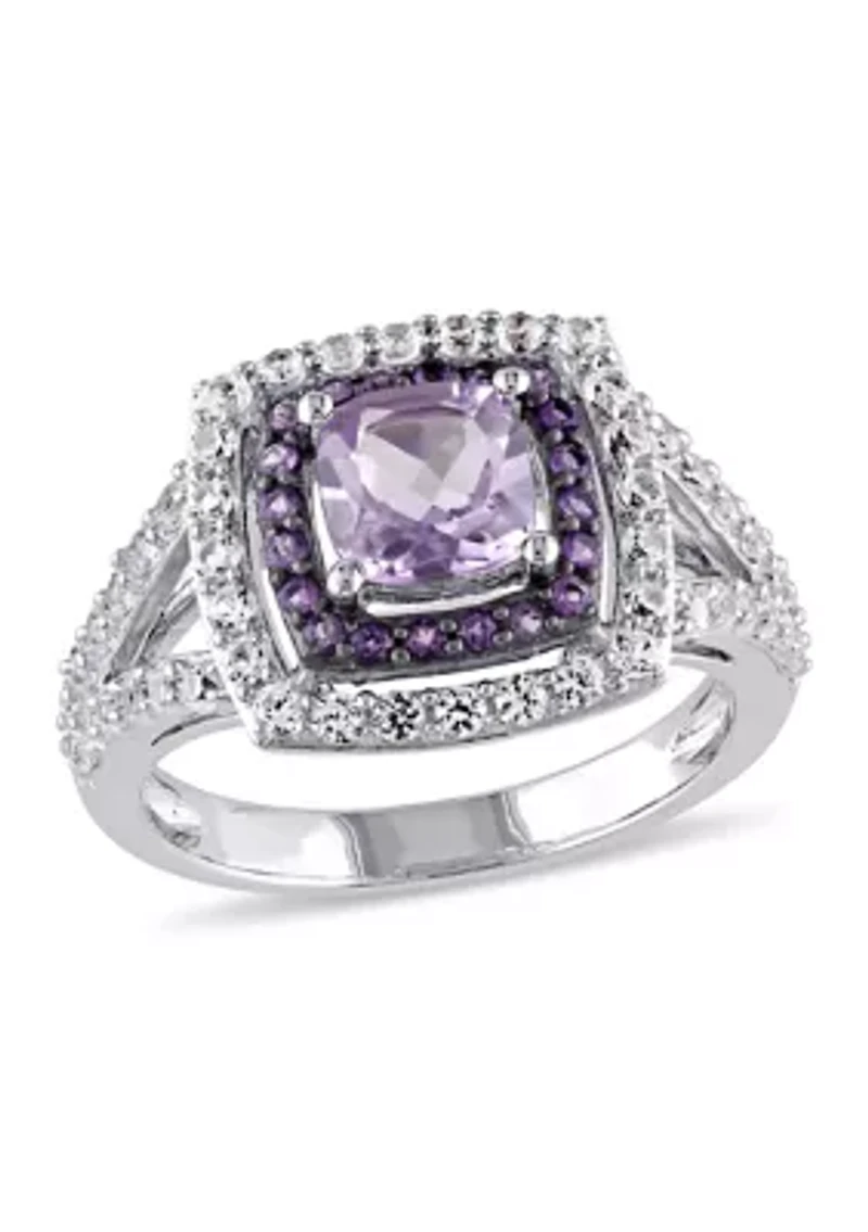 3 4/5 CT TGW Cushion Cut Rose de France, Amethyst and Created White Sapphire Double Halo Split Shank Ring Sterling Silver