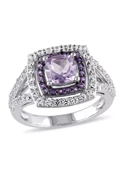 3 4/5 CT TGW Cushion Cut Rose de France, Amethyst and Created White Sapphire Double Halo Split Shank Ring Sterling Silver