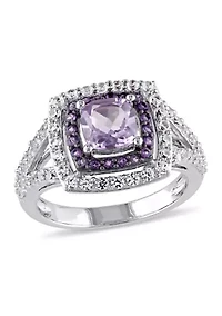 3 4/5 CT TGW Cushion Cut Rose de France, Amethyst and Created White Sapphire Double Halo Split Shank Ring Sterling Silver