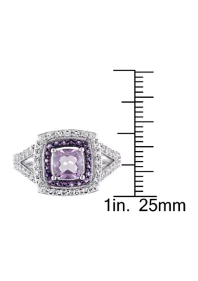 3 4/5 CT TGW Cushion Cut Rose de France, Amethyst and Created White Sapphire Double Halo Split Shank Ring Sterling Silver