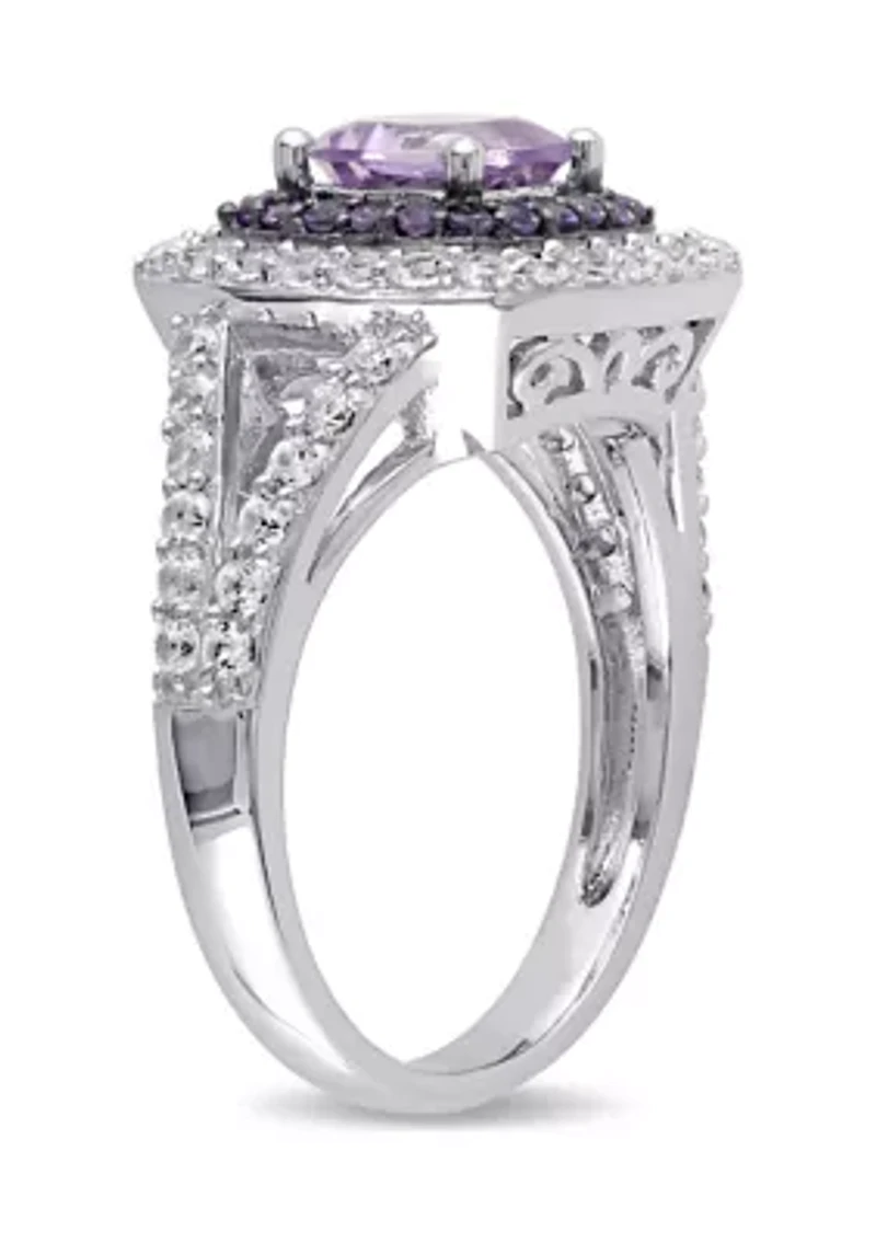 3 4/5 CT TGW Cushion Cut Rose de France, Amethyst and Created White Sapphire Double Halo Split Shank Ring Sterling Silver
