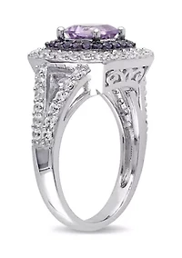 3 4/5 CT TGW Cushion Cut Rose de France, Amethyst and Created White Sapphire Double Halo Split Shank Ring Sterling Silver