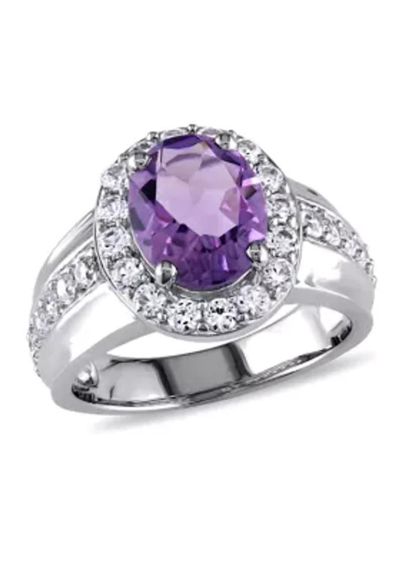 Lab Created 3 3/8 CT TGW Oval Cut Amethyst and White Sapphire Halo Ring Sterling Silver