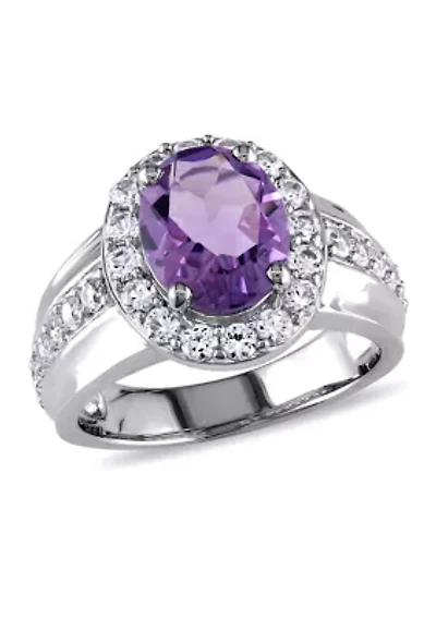 Lab Created 3 3/8 CT TGW Oval Cut Amethyst and White Sapphire Halo Ring Sterling Silver