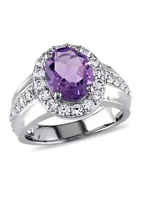 Lab Created 3 3/8 CT TGW Oval Cut Amethyst and White Sapphire Halo Ring Sterling Silver