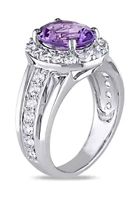 Lab Created 3 3/8 CT TGW Oval Cut Amethyst and White Sapphire Halo Ring Sterling Silver