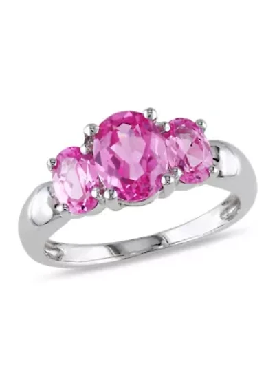 Lab Created 3 1/6 CT TGW Oval Cut Pink Sapphire 3-Stone Ring Sterling Silver