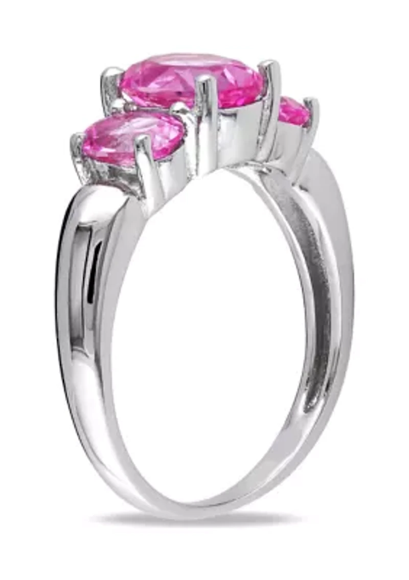 Lab Created 3 1/6 CT TGW Oval Cut Pink Sapphire 3-Stone Ring Sterling Silver