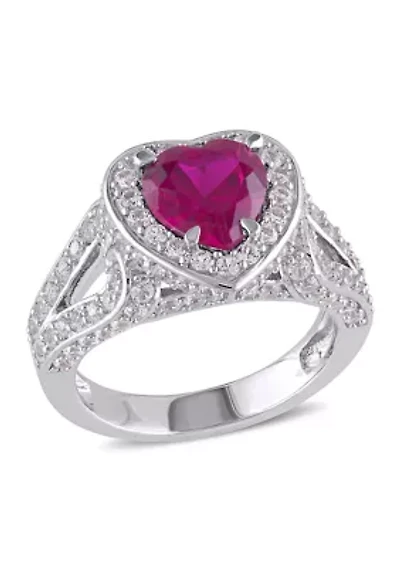 Lab Created 5 CT TGW Ruby and White Sapphire Heart Halo Split Shank Ring Sterling Silver