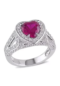 Lab Created 5 CT TGW Ruby and White Sapphire Heart Halo Split Shank Ring Sterling Silver