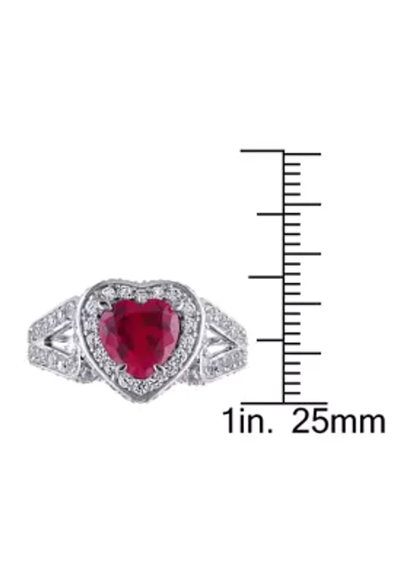 Lab Created 5 CT TGW Ruby and White Sapphire Heart Halo Split Shank Ring Sterling Silver