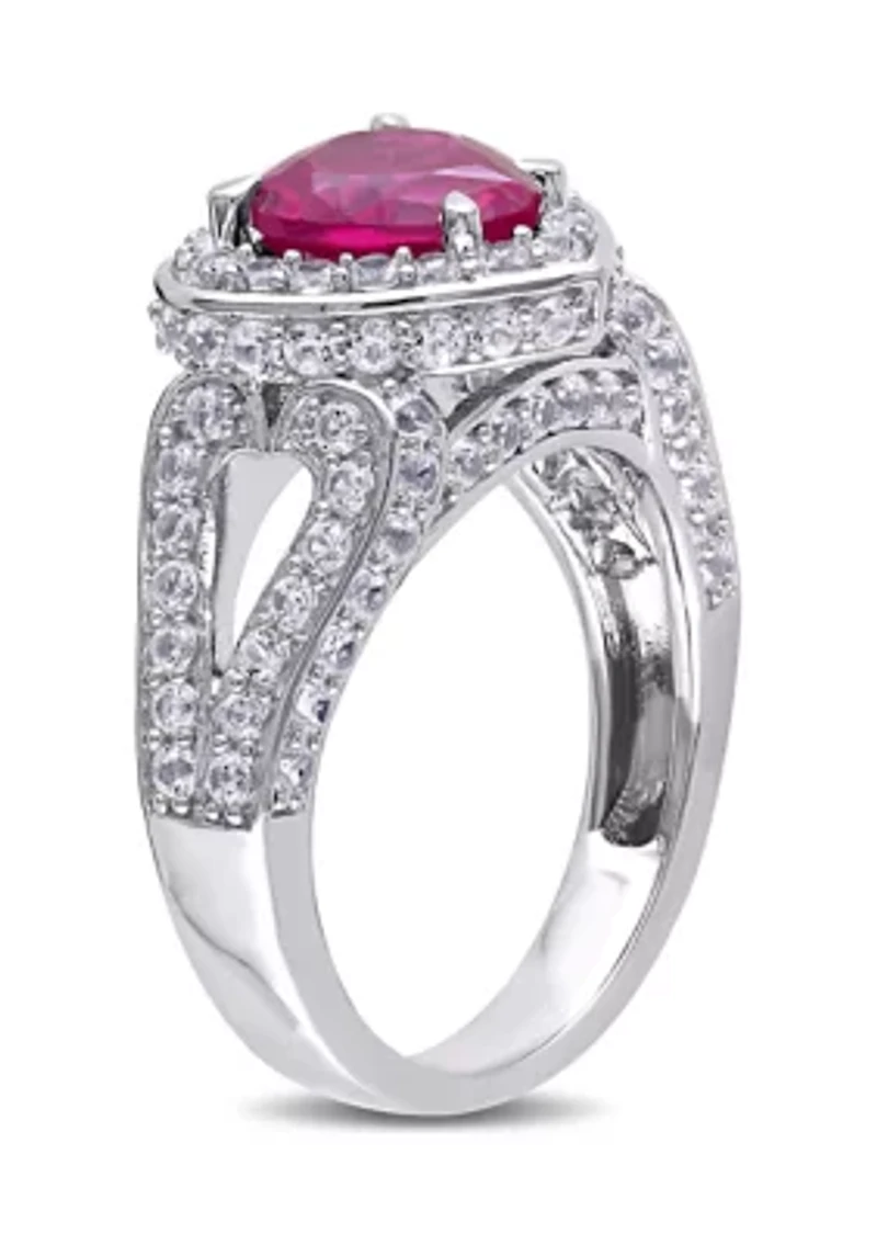 Lab Created 5 CT TGW Ruby and White Sapphire Heart Halo Split Shank Ring Sterling Silver