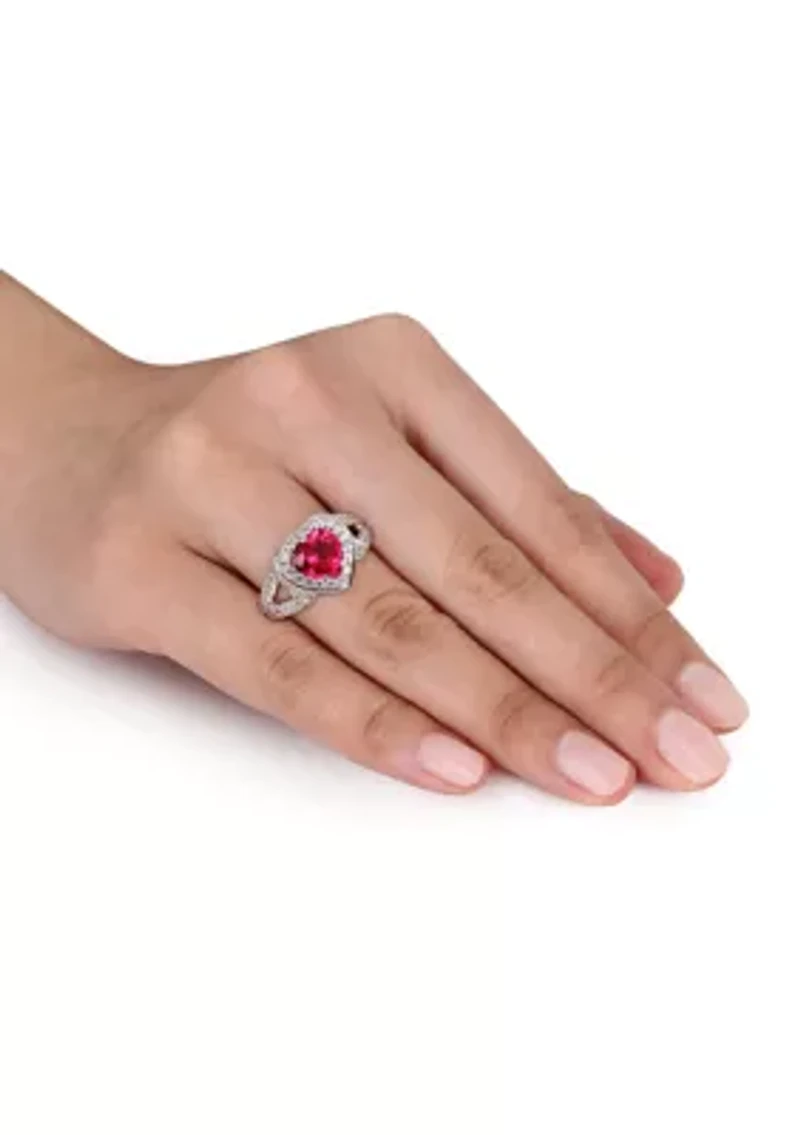 Lab Created 5 CT TGW Ruby and White Sapphire Heart Halo Split Shank Ring Sterling Silver