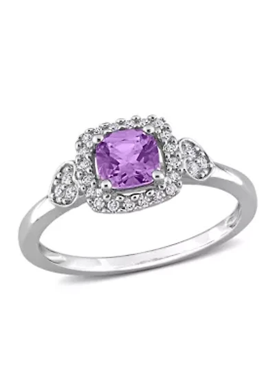 5/8 CT TGW Amethyst and 1/10 TW Diamond Halo Ring Sterling Silver