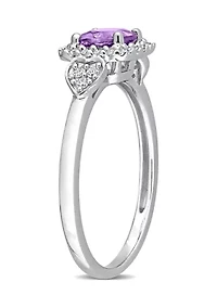 5/8 CT TGW Amethyst and 1/10 TW Diamond Halo Ring Sterling Silver