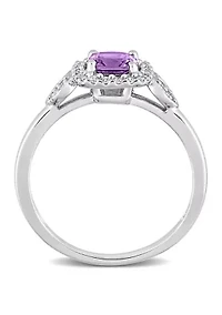 5/8 CT TGW Amethyst and 1/10 TW Diamond Halo Ring Sterling Silver