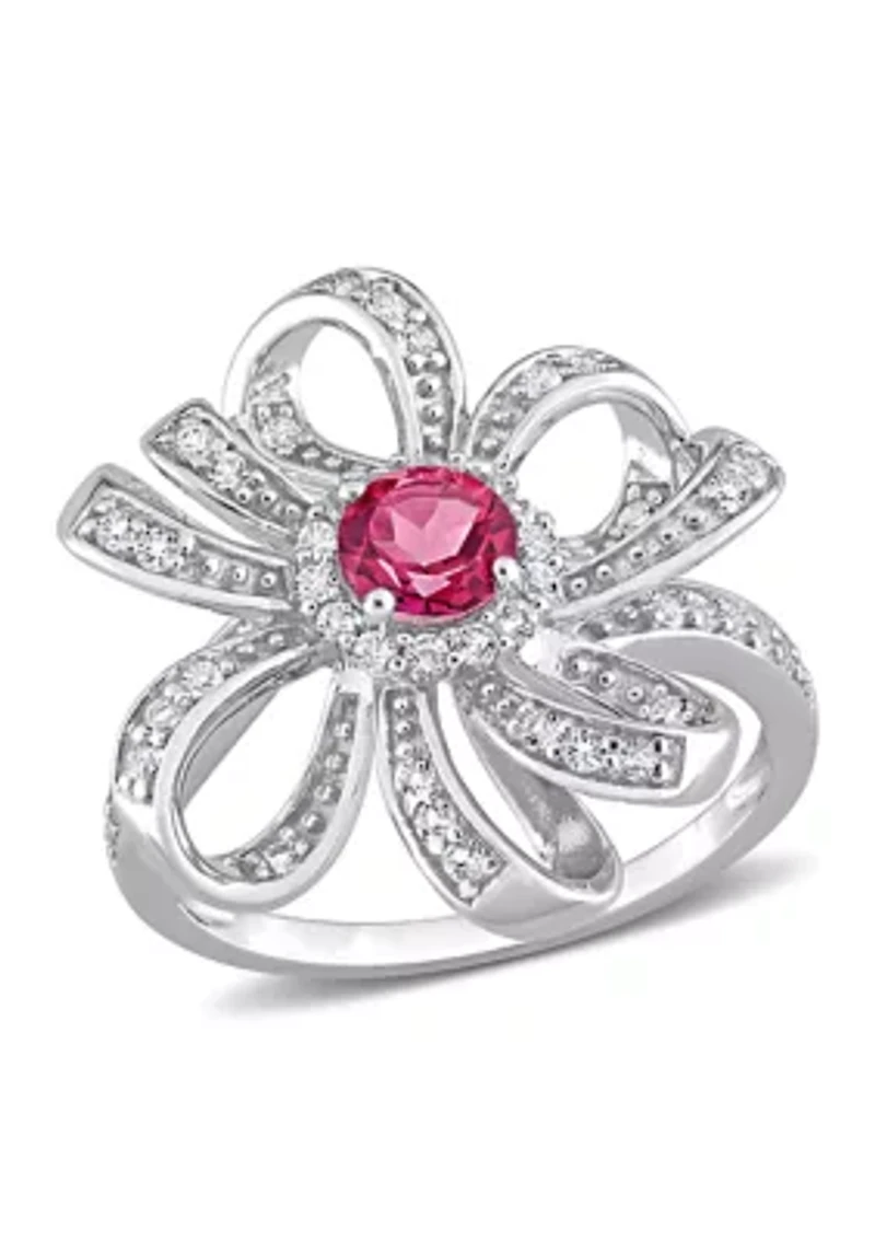 1 1/10 CT TGW Pink Topaz and White Flower Cocktail Ring Sterling Silver