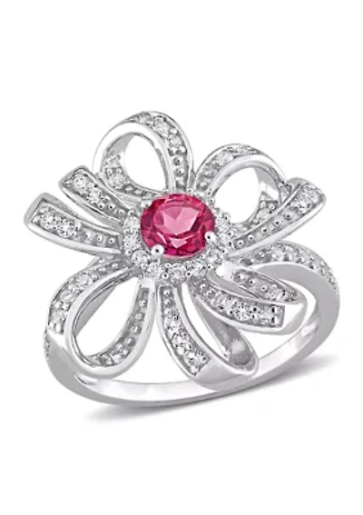 1 1/10 CT TGW Pink Topaz and White Flower Cocktail Ring Sterling Silver