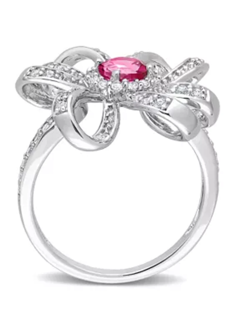 1 1/10 CT TGW Pink Topaz and White Flower Cocktail Ring Sterling Silver