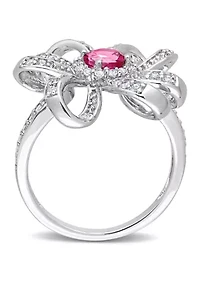 1 1/10 CT TGW Pink Topaz and White Flower Cocktail Ring Sterling Silver