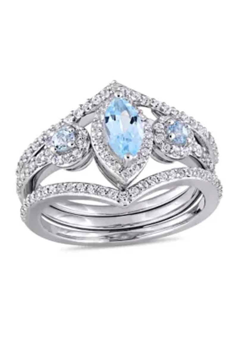 1-2/5 CT TGW Leaf and Round-Shaped White Sky Blue Topaz 3-Stone Cluster Ring Sterling Silver