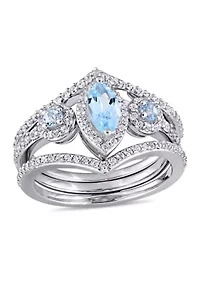 1-2/5 CT TGW Leaf and Round-Shaped White Sky Blue Topaz 3-Stone Cluster Ring Sterling Silver