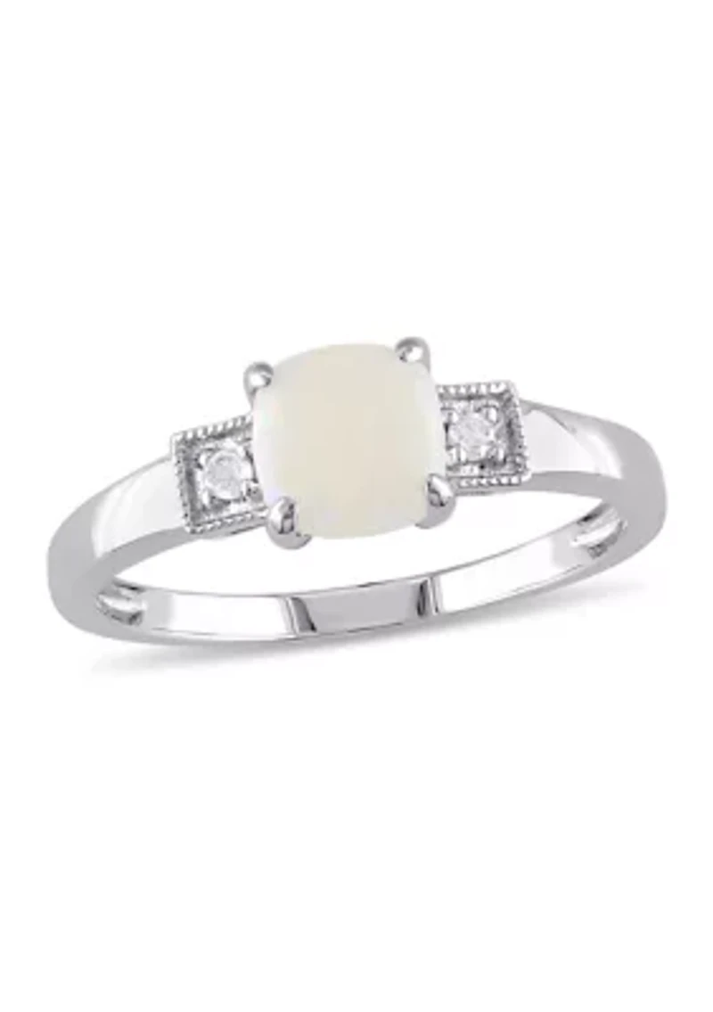 Cushion Cut Opal and Diamond Accent Ring Sterling Silver