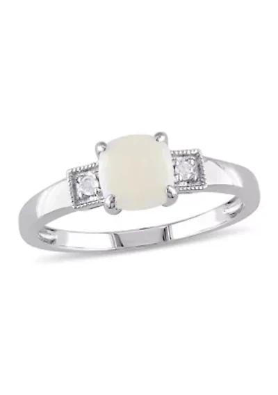 Cushion Cut Opal and Diamond Accent Ring Sterling Silver