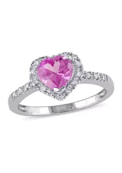 Lab Created 1/10 CT TW Diamond and Pink Sapphire Heart Halo Ring Sterling Silver
