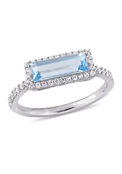Baguette-Cut Sky Blue Topaz and White Sapphire Halo Ring Sterling Silver