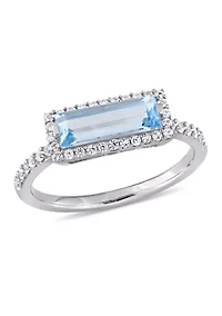 Baguette-Cut Sky Blue Topaz and White Sapphire Halo Ring Sterling Silver
