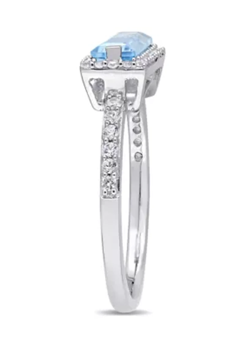 Baguette-Cut Sky Blue Topaz and White Sapphire Halo Ring Sterling Silver