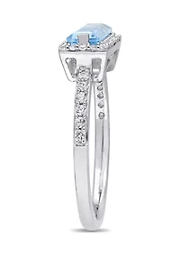 Baguette-Cut Sky Blue Topaz and White Sapphire Halo Ring Sterling Silver