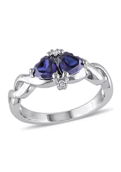 Lab Created Blue Sapphire and Diamond Double Heart Infinity Ring Sterling Silver