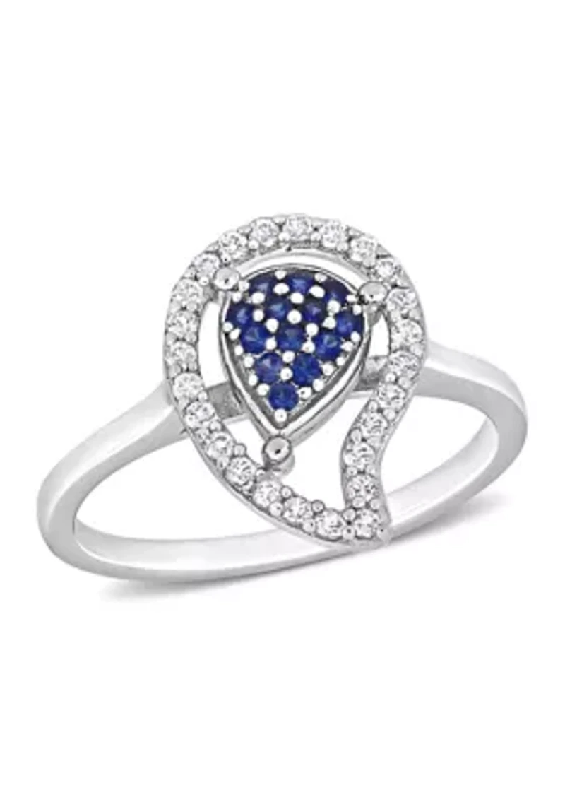 Lab Created 3/8 CT TGW White Topaz and Blue Sapphire Teardrop Halo Ring Sterling Silver