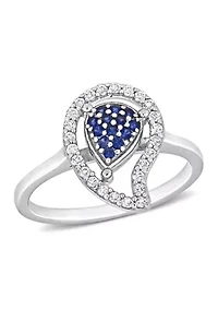 Lab Created 3/8 CT TGW White Topaz and Blue Sapphire Teardrop Halo Ring Sterling Silver