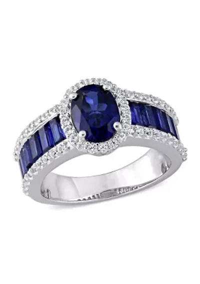 Lab Created 4 3/4 CT TGW Blue Sapphire and White Vintage Halo Ring Sterling Silver